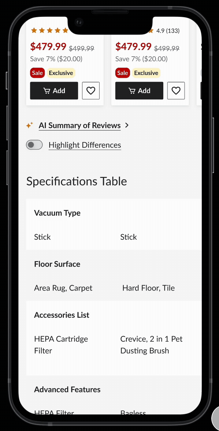 A gif showing the highlight differences toggle feature